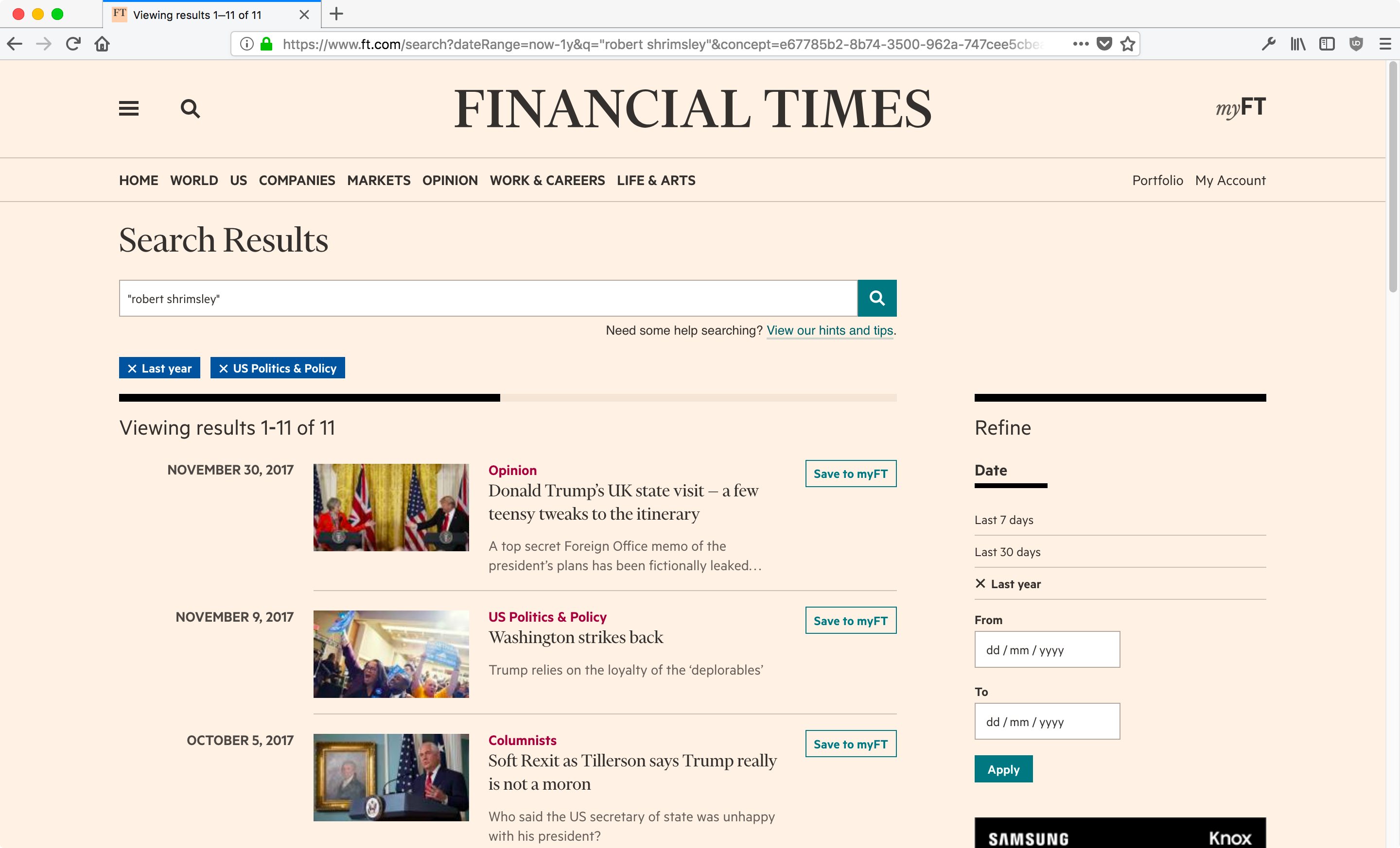The new search page on ft.com